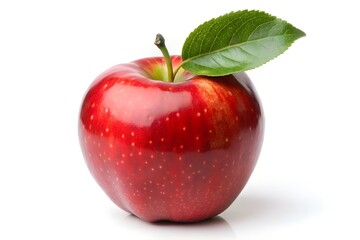 red apple with green leaf isolated on white background