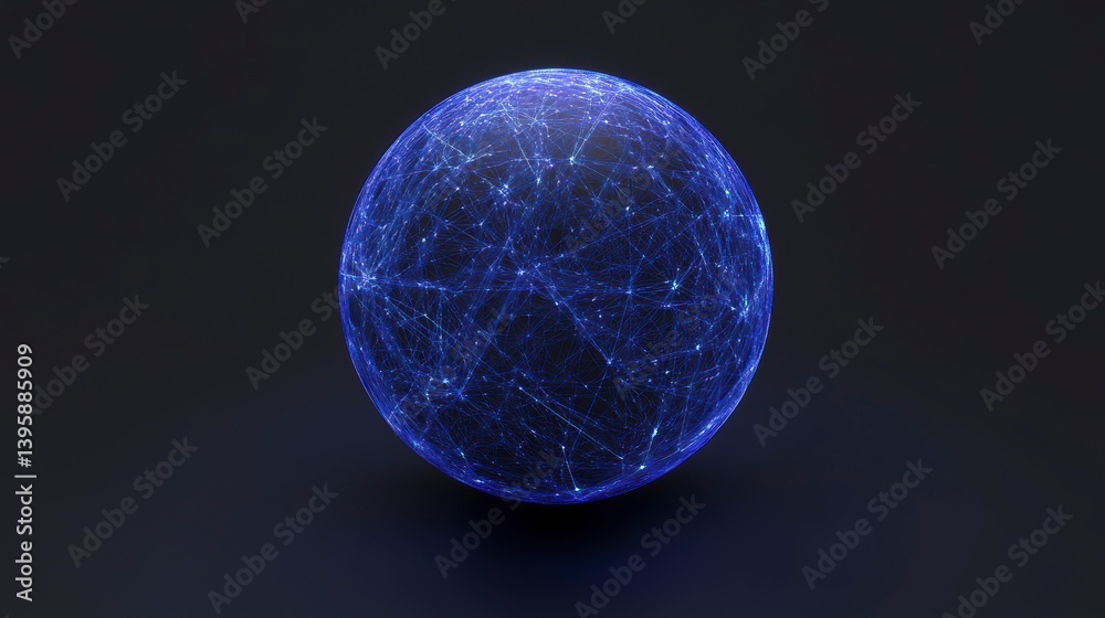 Wall mural abstract blue glowing sphere with interconnected lines on dark background.
