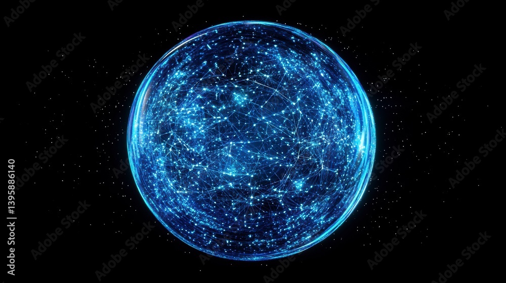 Canvas Prints glowing blue sphere with intricate network of lines and nodes against black background.
