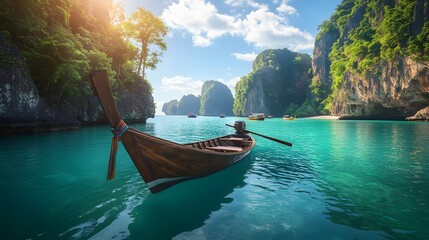 Tranquil Boat on Turquoise Waters: A longtail boat rests peacefully on the vibrant turquoise waters, framed by towering cliffs and lush vegetation under a bright, sunny sky, inviting contemplation.