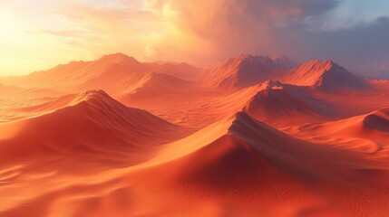 Fototapeta premium Dramatic sunset over red sand dunes with mountains in the background creating a vibrant landscape