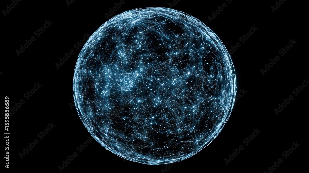 Poster abstract glowing sphere with interconnected nodes representing global network, connections, or data 