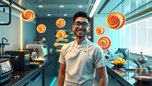 Smiling Chef in Modern Kitchen. Happy Cook with Abstract Candy Decor. Cheerful Culinary Professional.
