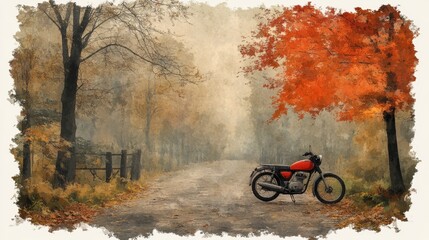 Obraz premium Vintage Motorcycle on Misty Autumn Road with Vibrant Red Foliage