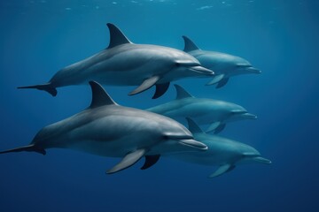 Naklejka premium A symbol of grace and intelligence, a pod of dolphins swims in flawless formation through the vast blue sea.