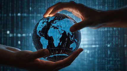 Hands cupping a glowing digital globe with binary code streaming downward