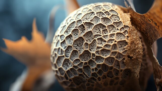 Close-up of Oak Gall with Intricate Patterns and Autumn Leaf