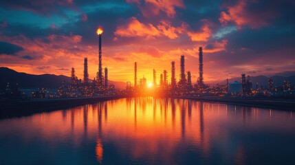 Naklejka premium Oil refinery at sunset with vibrant sky reflecting on water in a tranquil industrial landscape