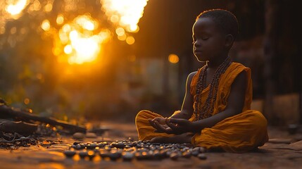 Child sitting cross legged in a courtyard under the moonlight repeating words from a language lesson while playing with small stones and beads