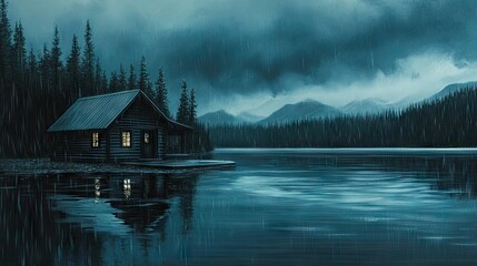 Rustic cabin by a lake in a stormy night