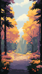 Pixel Art Autumn Forest Path with Vibrant Foliage in Tranquil Woodland Scene