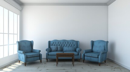 Minimalist living room with blue velvet furniture and wooden coffee table.