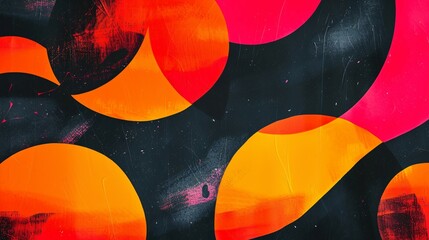 Abstract black background with bold red and orange circular shapes and artistic texture