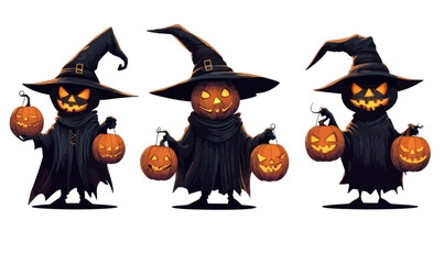 Halloween Cartoon Characters with Pumpkin Lanterns in Witch Hats