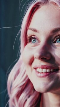 Portrait of Young Happy Woman with Pink Hair Smiling and Looking Away Indoors
