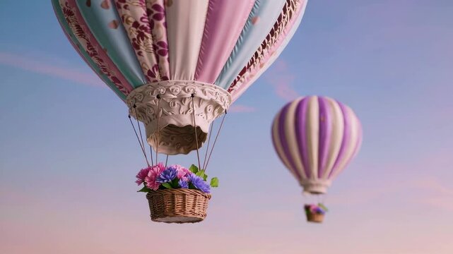 Colorful hot air balloons with flower baskets soar at sunset over scenic skies