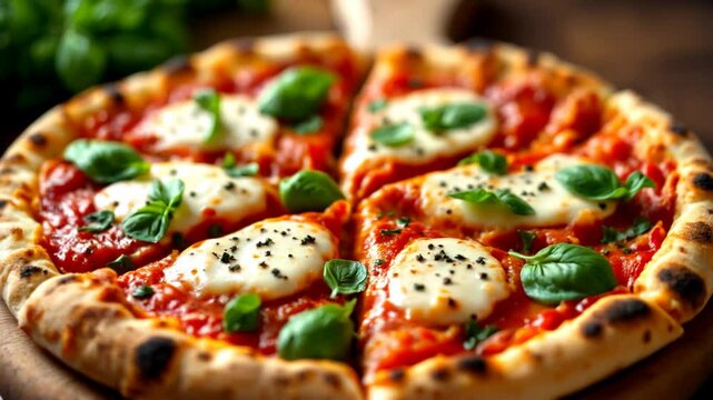 Classic Pizza Margherita sliced on a wooden board, featuring melted mozzarella, rich tomato sauce, and fresh basil leaves. Perfect for pizzeria visuals or Italian food blogs. Represents sharing.