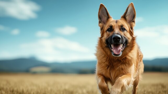 nature photography, a happy german shepherd dog dashes through a sunny farm field with green hills and blue sky in the backdrop