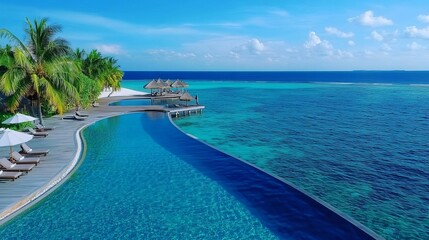 Fototapeta premium Aerial view of a tranquil Maldives island with a luxury resort and swimming pool.
