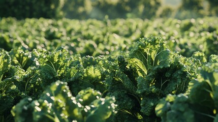 Field of Organic Kale Plants Growing in Sunlight on a Farm