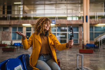 Fototapeta premium happy woman travel blog tourist record a video blog on train station