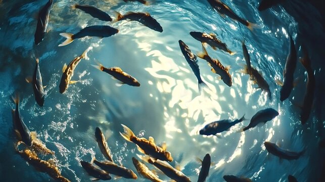 Many fish are swimming together in a large school, creating a mesmerizing display of synchronized movement in the clear blue water, with sunlight filtering through the surface