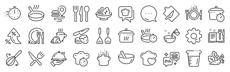 Cooking line icons. Settings gear, Message, Inflation icons. Boiling time, Frying pan and Kitchen utensils. Fork, spoon and knife line icons. Recipe book, chef hat and cutting board. Vector