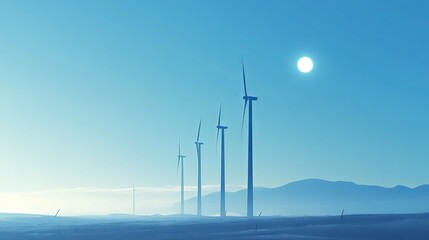A line of tall wind turbines against a clear blue sky, with the sun shining brightly and a small moon in view.