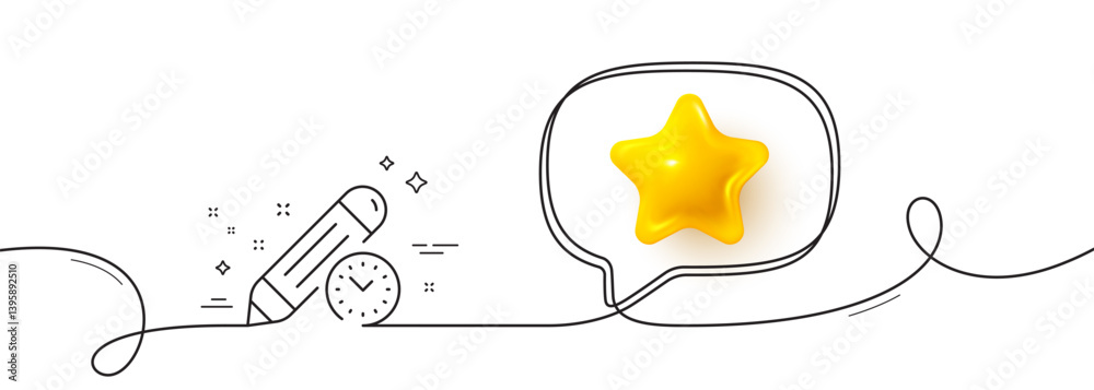 Poster project deadline line icon. continuous line with 3d star. time management sign. clock symbol. 3d sta