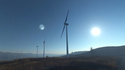 A line of tall wind turbines against a clear blue sky, with the sun shining brightly and a small moon in view.