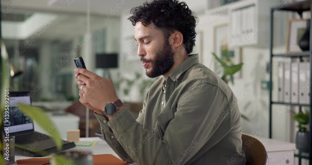 Poster Man, phone and typing in office with discussion for project management at web design company. Person, smartphone and smile with agreement, message review and feedback negotiation at creative agency