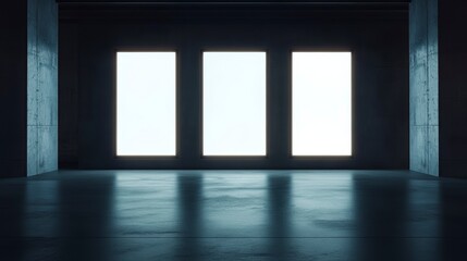 Dark room with three illuminated blank vertical panels on a concrete wall.