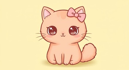 Fototapeta premium Cute Cartoon Cat with Pink Bow Sitting on Yellow Background Illustration