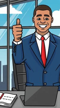 Animated smiling businessman giving thumbs up in modern office background