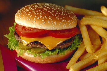 Close up view of a burger with fries featuring tomato cheese lettuce and pickles on a red surface