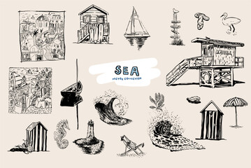 Obraz premium A coastal vector collection featuring stylish maritime elements like a lighthouse, sailboat, beach hut, lifeguard tower, and seaside village details, perfect for ocean lovers.