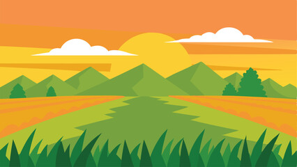Picturesque Rice Paddy Fields at Golden Hour in Rural Setting Vector Illustration Background