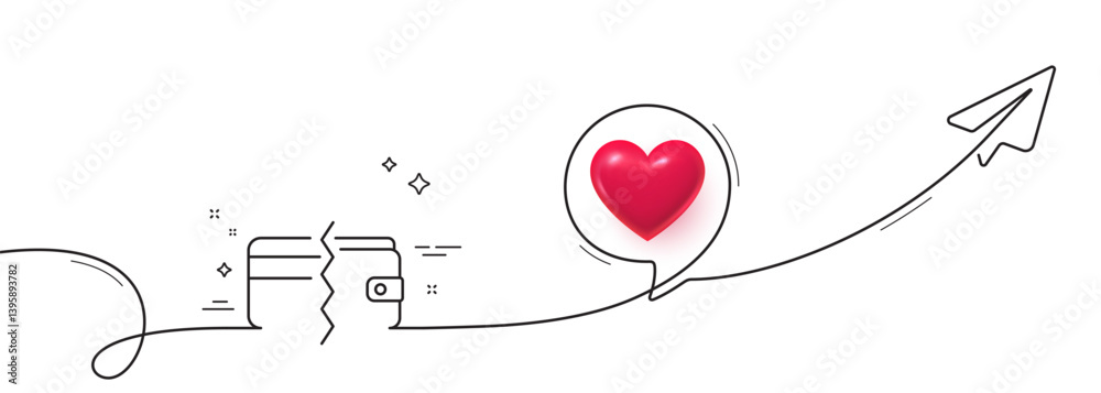 Poster credit card or cash line icon. continuous line with share plane. payment methods sign. 3d heart in s