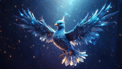 an image of a blue bird flying through the air with sparkles on the background