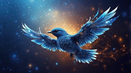 an image of a blue bird flying through the air with sparkles on the background