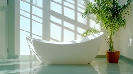 Fototapeta premium A serene modern bathroom featuring a stylish white bathtub and a vibrant green plant, bathed in soft natural light.