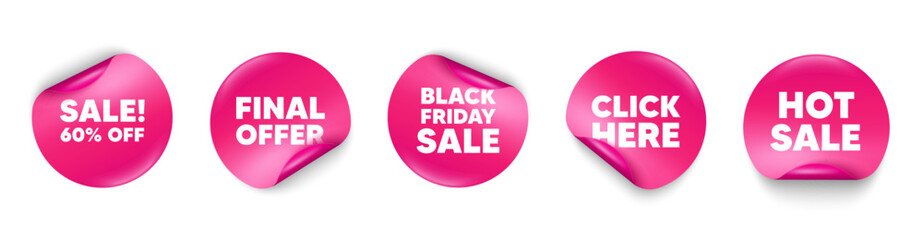 Sale sticker tag. Click here, Black friday paper price banners. Sale 60 percent off discount. Promotion price offer sign. Retail badge symbol. Hot sale sticker. Promo banners. Vector