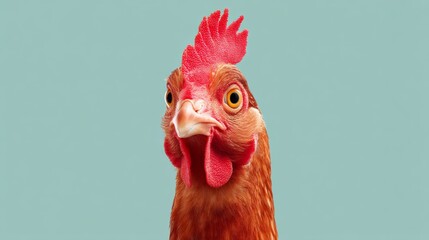 Chicken with a red comb and yellow eyes stares at the camera. The image has a playful and whimsical mood, as the chicken's features are exaggerated and the camera angle is unusual