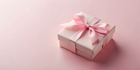 Fototapeta premium A delicately wrapped pink gift box with a satin ribbon bow sits on a soft pink background
