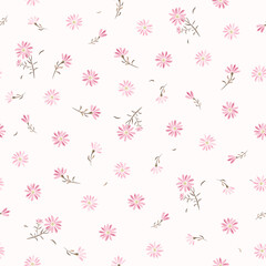 Vector illustration. Seamless Ditsy floral pattern of delicate small pink flowers on a pink background. Liberty Floral pattern, field of flowers, print for fabric, textile, wallpaper	