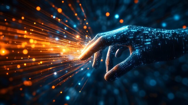 Digital Frontier: A hand with digital enhancements reaching towards a vibrant stream of data, suggesting the limitless possibilities of technological innovation.