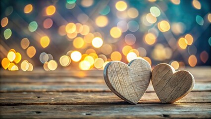 Fototapeta premium Two wooden hearts on rustic wood with warm bokeh lights