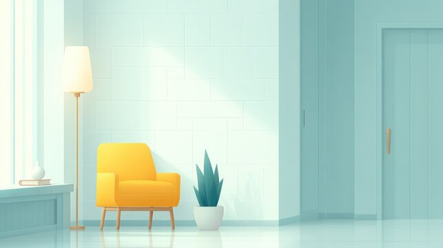 capture minimalistic interior space punctuated by vibrant accents offering generous copy space