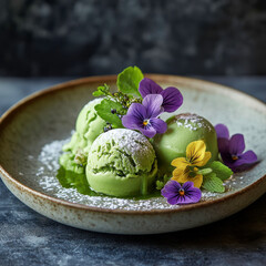  A botanical-themed dessert featuring matcha ice cream, edible flowers, and red cherries, arranged in a zen-like composition.