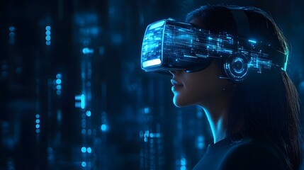 Immersive Reality: A woman dons a futuristic virtual reality headset, entering a digital world, captured in a stunning, cinematic style.